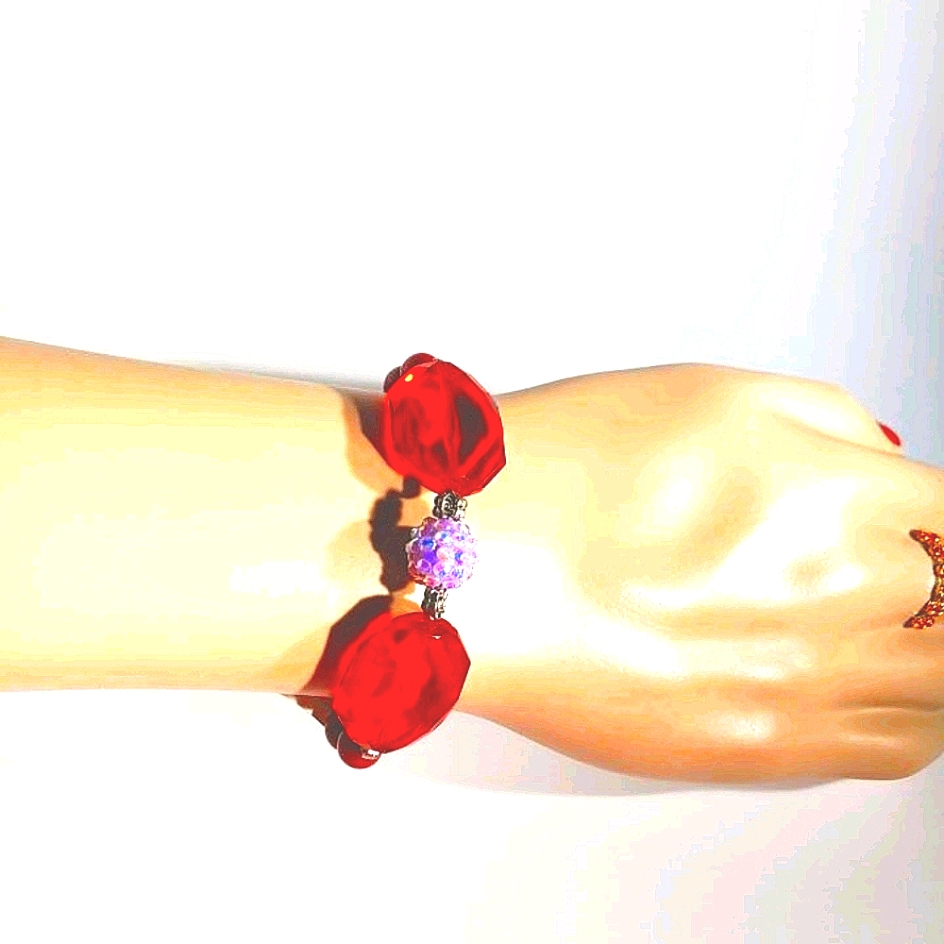 `Rh25762 Hand-Made Rh Red, Purple & Silver Bracelet